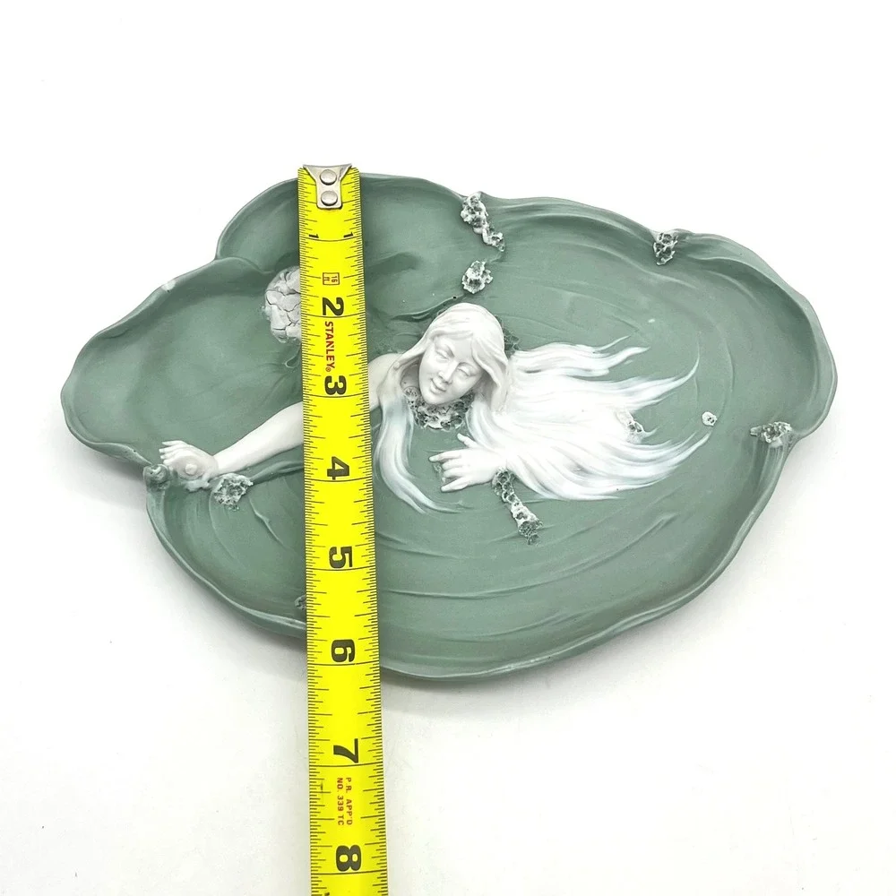 Art Nouveau Ceramic Maiden Lily Pad Tray Sage Green White Sculptural Relief 8.5